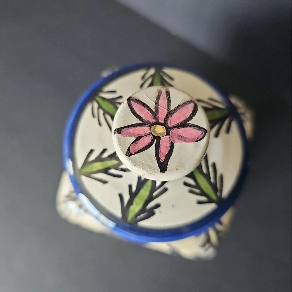 Hand Painted Jerusalem Old City Ceramic Floral Lidded Jar Signed Glossy